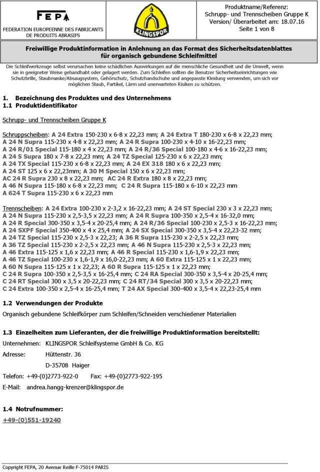 Klingspor A 46 TZ 180x1,6x22,23mm gekröpft Disques à tronçonner